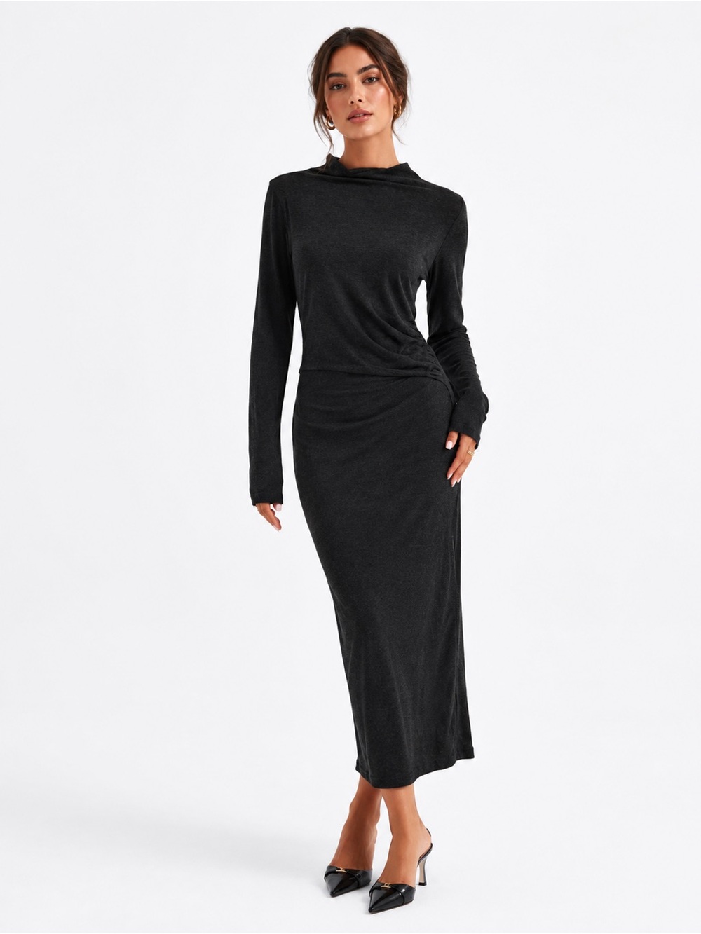 Enza Costa Front Twist long sleeve midi dress in charcoal